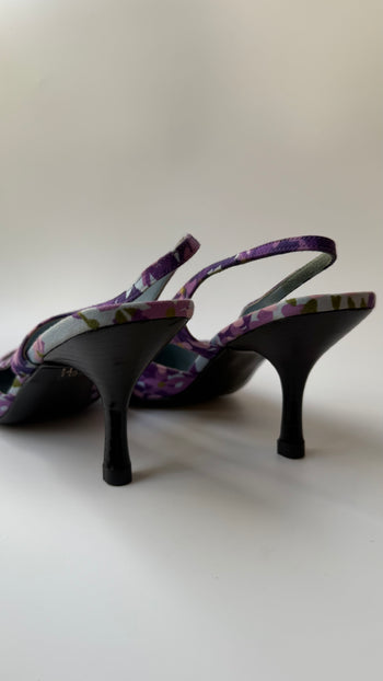 Moschino purple flower print slingback kitten heels 37.5