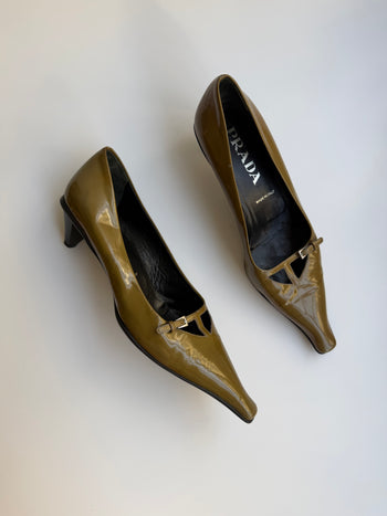 Prada archive olive green patent leather courts
