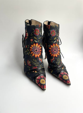Dior Galliano era floral print lace-up detailed ankle boots 36