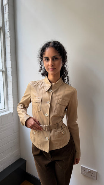 Prada 2002 Safari style butter soft leather belted leather jacket