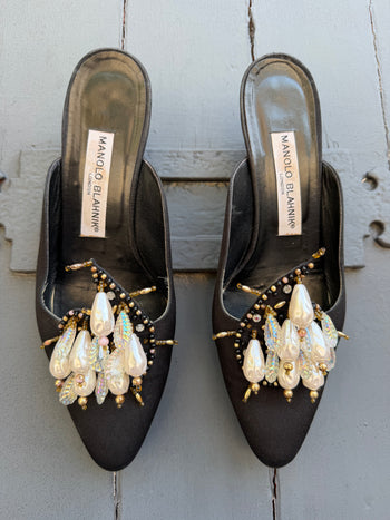 Manolo Blahnik vintage evening mules with faux pearls 37.5