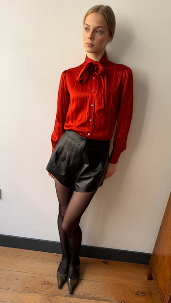 Vintage silk neck tie blouse in brick red