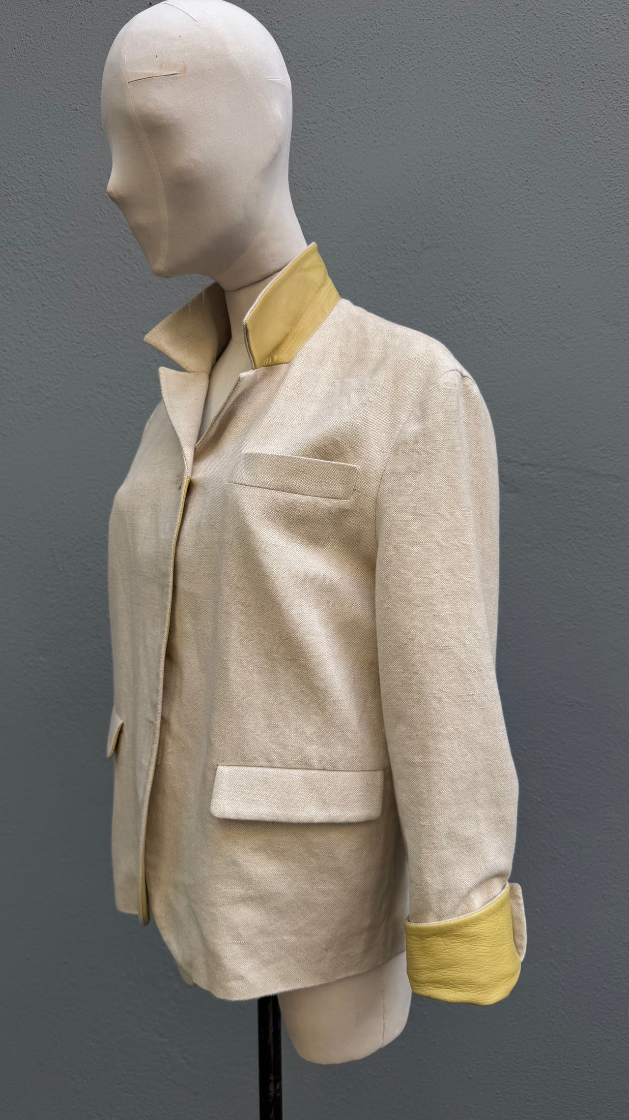 Prada SS1998 linen blend jacket with contrasting yellow green leather cuffs