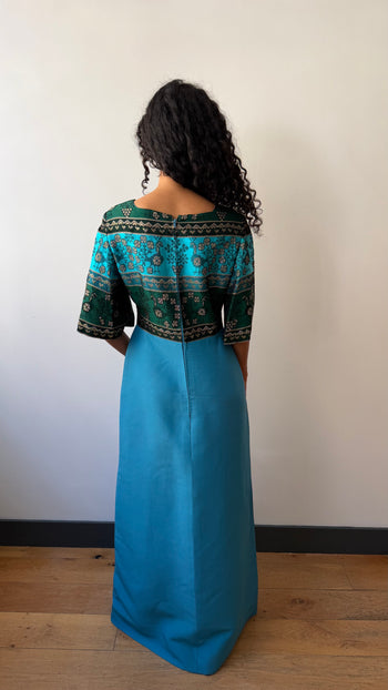 1970’s maxi silk & wool turquoise gown dress