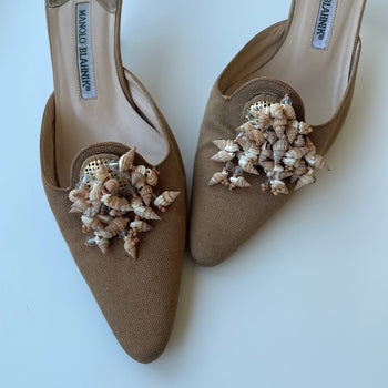 Manolo Blahnik canvas mules with shells 37.5