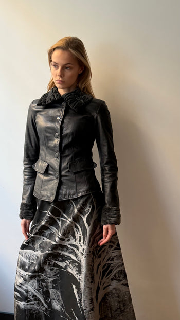 Armani Collezioni leather jacket with ruched velvet detailing
