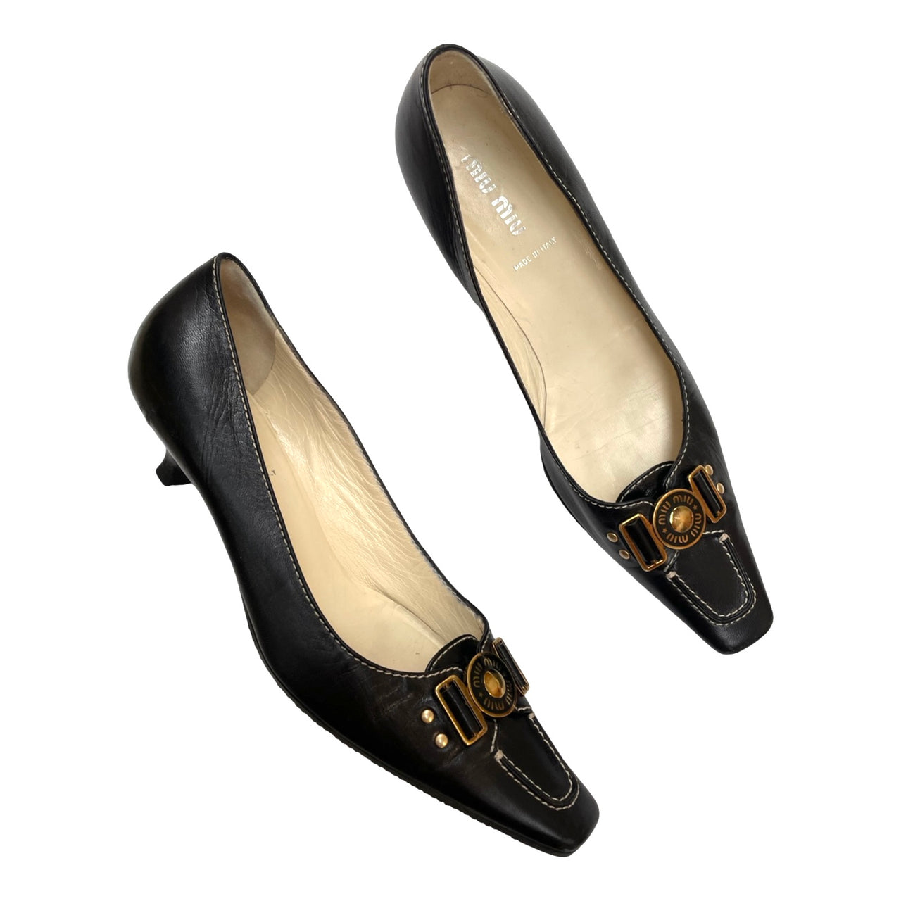 Miu Miu black leather kitten heel courts 37