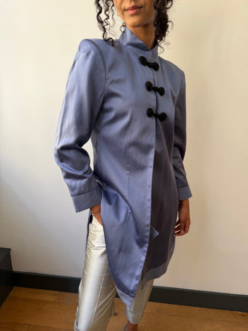 Vintage Mandarin pure silk pastel blue long-line jacket