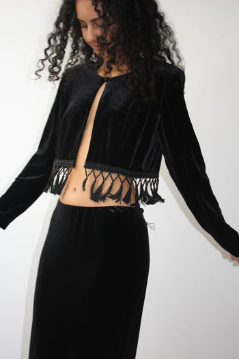 1990’s British vintage tasseled velvet maxi skirt suit set