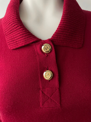 Chanel vintage wool cherry red CC button front pocket jumper