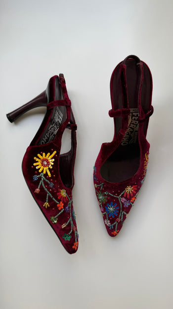 Salvatore Ferragamo beaded velvet slingback courts