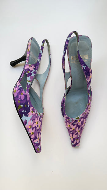 Moschino purple flower print slingback kitten heels 37.5