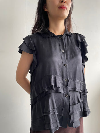 Prada silk distressed frayed short sleeve blouse charcoal black 44IT