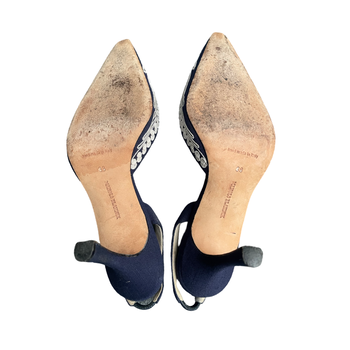 Manolo Blahnik embroidered denim slingback courts 38