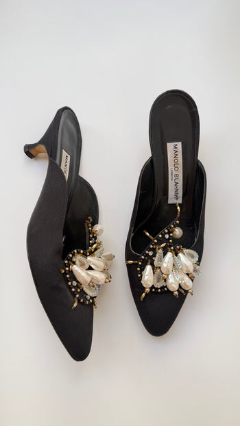Manolo Blahnik vintage evening mules with faux pearls 37.5