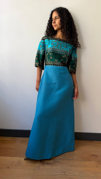 1970’s maxi silk & wool turquoise gown dress