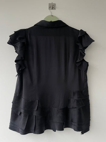 Prada silk distressed frayed short sleeve blouse charcoal black 44IT