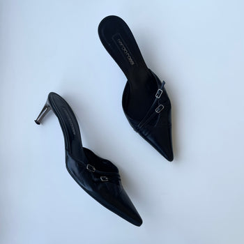 Sergio Rossi black leather bondage 2000’s kitten heel mules