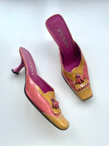 Prada contrasting patent leather 90’s vintage tassel detail mules 38.5