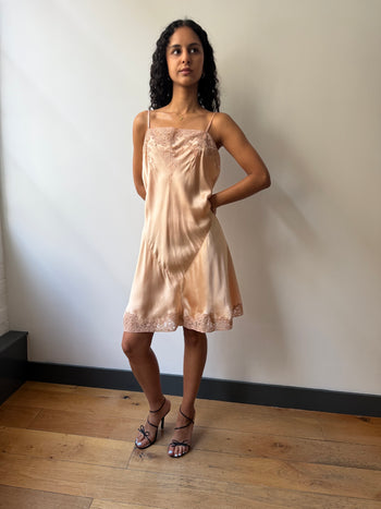 1920’s antique silk slip embroidered lace chemise dress in peach