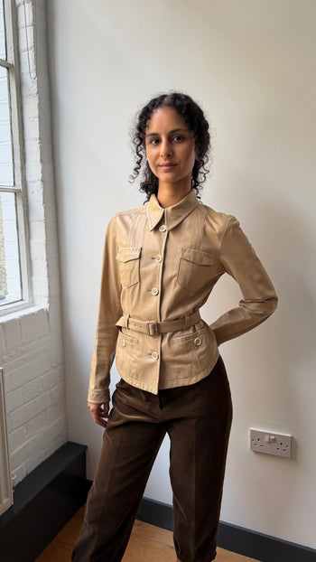 Prada 2002 Safari style butter soft leather belted leather jacket