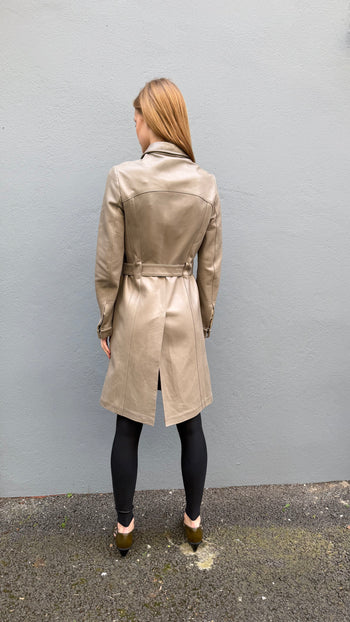 Barbara Buiko leather in stone colour long-line coat