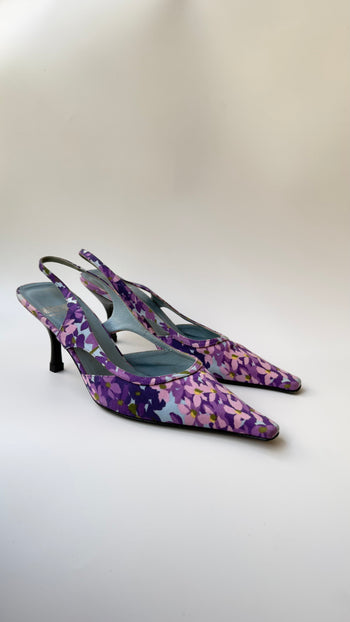 Moschino purple flower print slingback kitten heels 37.5