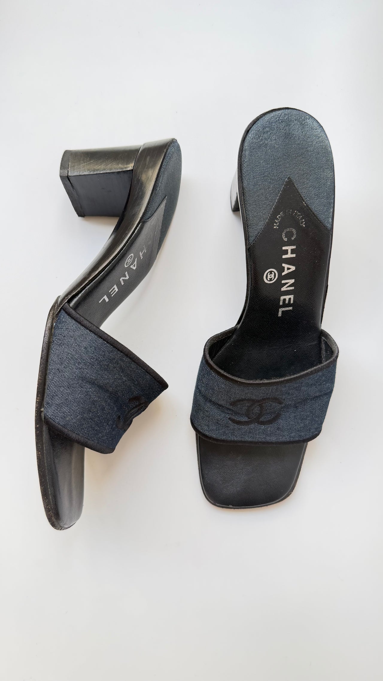 Chanel 90’s open denim mules clogs 38.5