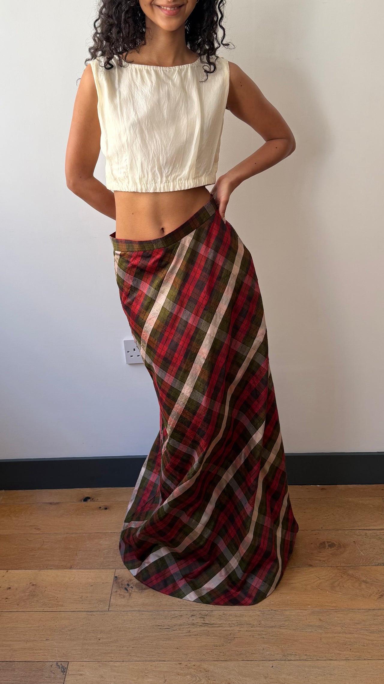 Handmade raw silk check print maxi summer skirt