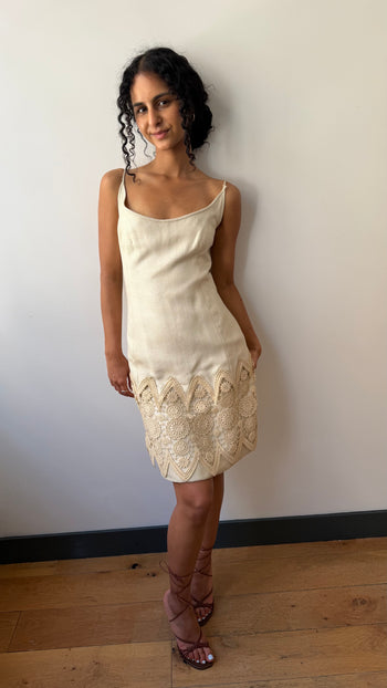 Mary Fair 1960’a raw silk crochet applique strap dress