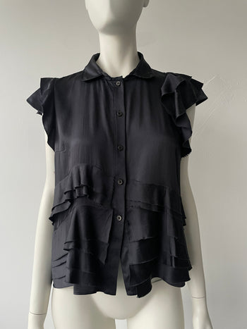 Prada silk distressed frayed short sleeve blouse charcoal black 44IT