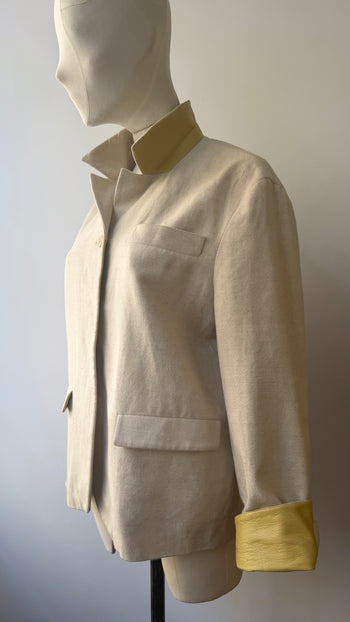 Prada SS1998 linen blend jacket with contrasting yellow green leather cuffs