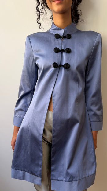 Vintage Mandarin pure silk pastel blue long-line jacket