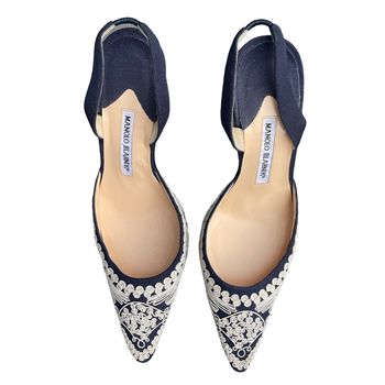 Manolo Blahnik embroidered denim slingback courts 38