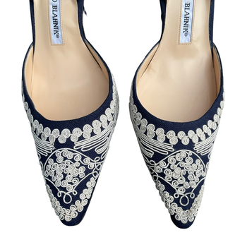 Manolo Blahnik embroidered denim slingback courts 38