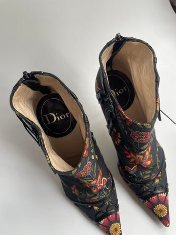 Dior Galliano era floral print lace-up detailed ankle boots 36