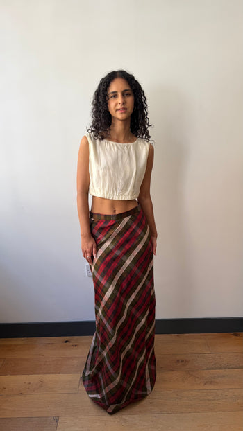 Maxi raw silk checked summer skirt