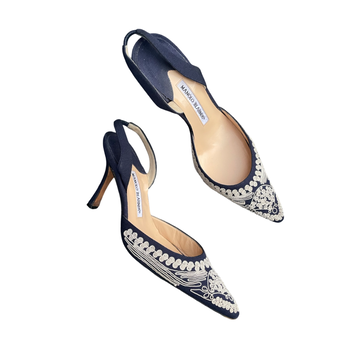 Manolo Blahnik embroidered denim slingback courts 38