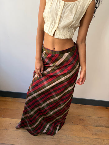 Maxi raw silk checked summer skirt