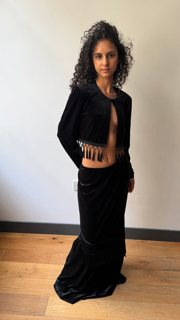 1990’s British vintage tasseled velvet maxi skirt suit set