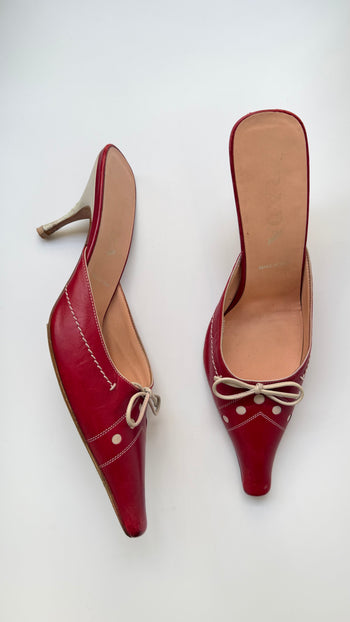 Prada red leather kitten heel mules