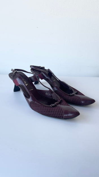 Prada SS2000 dark burgundy glossy leather and mesh slingback courts