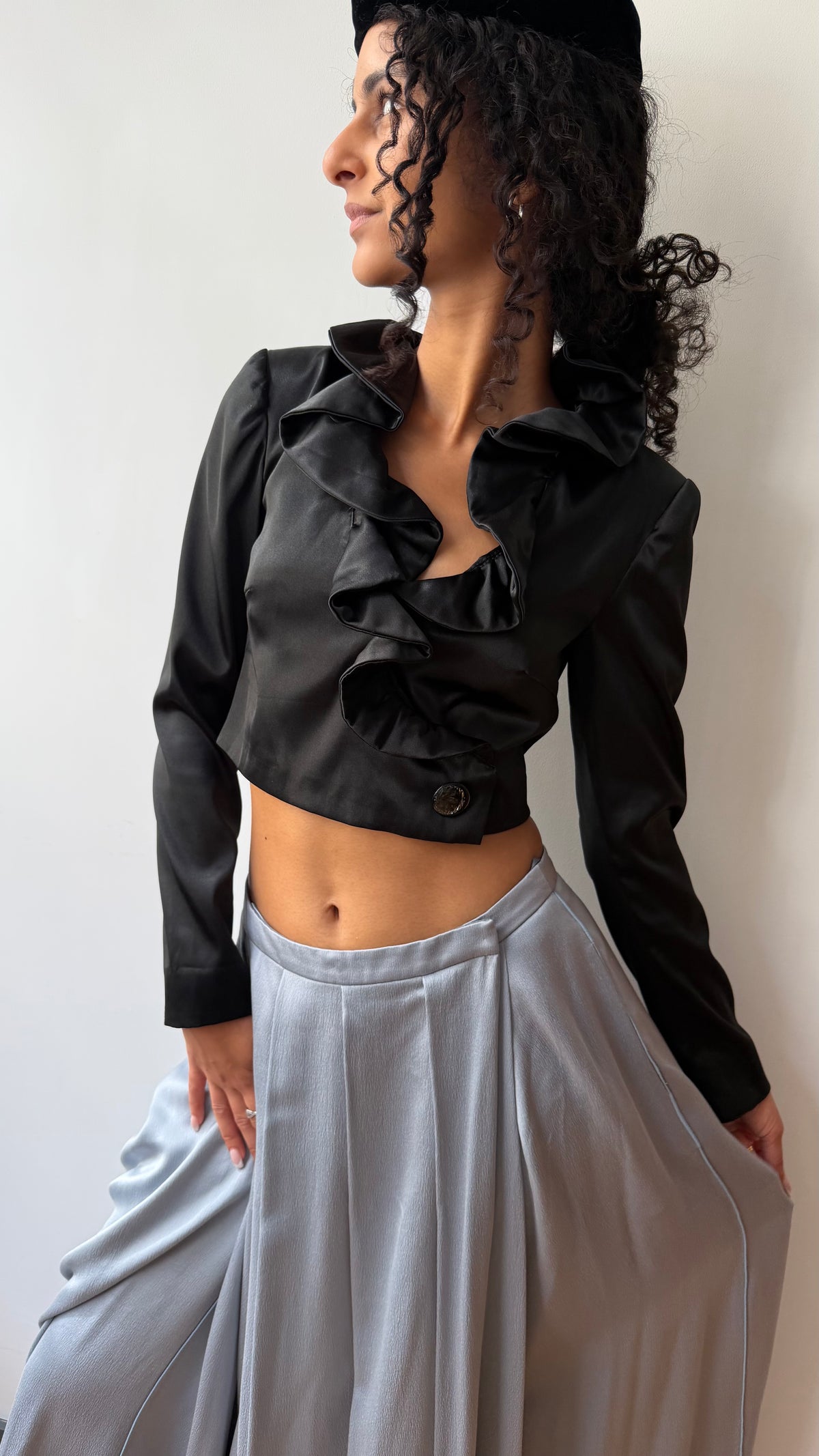 Handmade cropped satin ruffled jacket