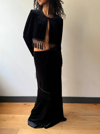 British vintage fringed maxi velvet skirt