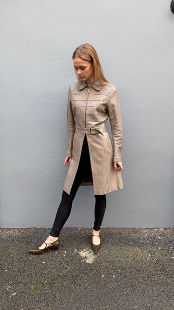 Barbara Buiko leather in stone colour long-line coat