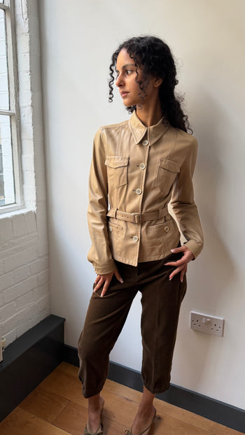 Prada 2002 Safari style butter soft leather belted leather jacket