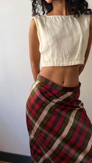 Handmade raw silk check print maxi summer skirt