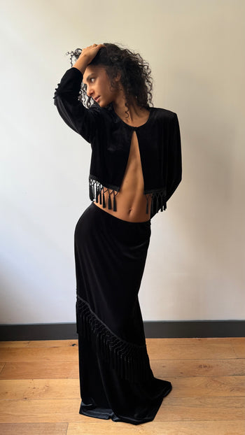 1990’s British vintage tasseled velvet maxi skirt suit set