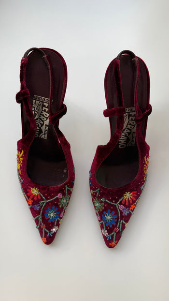 Salvatore Ferragamo beaded velvet slingback courts