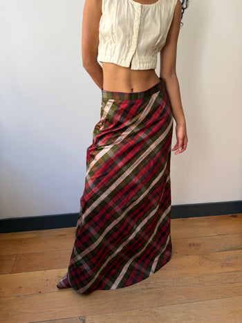 Handmade raw silk check print maxi summer skirt